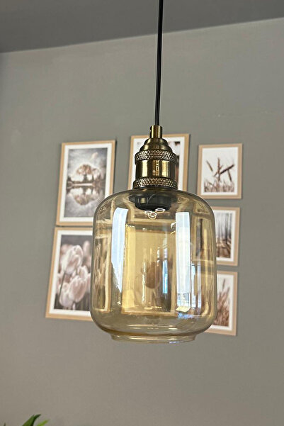 Bamyum Diona Cam Bal Rengi Tekli Avize Lale Başlık Retro Sarkıt Lamba Salon Aydınlatma