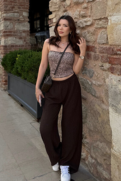 Bipantolon Women's Bitter Brown High Waist Lycra Flowy Relax Bubble Pants