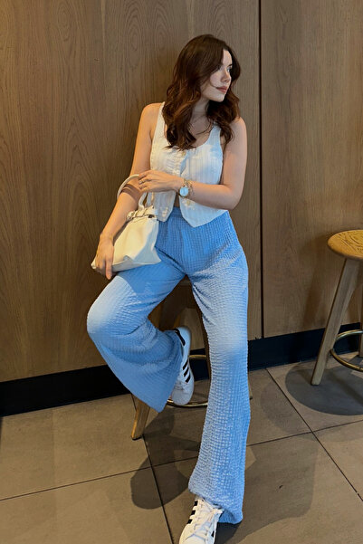 Yefrastore Kadın Bebe Mavisi Süper Yüksek Bel Likralı Relax Bubble Pantolon