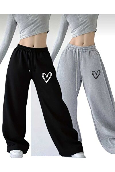 Le Vion Women's Black-Grey Baggy Loose Fit Heart Print Sweatpants Le Vi̇on