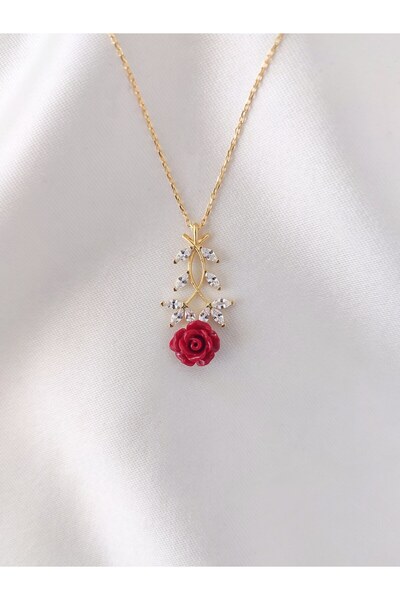 Evorya 925 Ayar Gümüş Zarif Kırmızı Gül Kolye