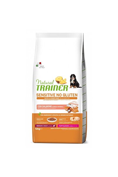 Natural Trainer Hrană uscată pentru câini sensibili, fără gluten, medie-maxi, pentru căței, somon, 12 kg