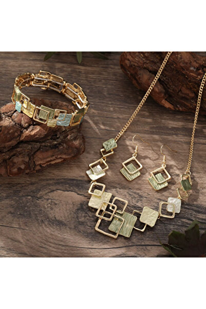 İnci Mercan Bujiteri Renkli Yağlı Boya Geometrik Kare Mineli Takı Seti ( Bileklik - Kolye - Küpe)