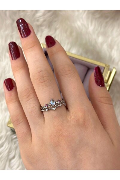 BY YASİN TOPÇU Prenses Tacı Pembe Detay İkili Bant Yüzük (Gümüş)