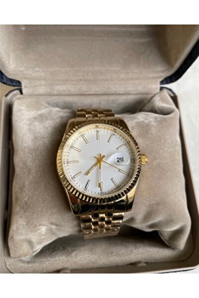Çelik Gold Metal Kordonlu Erkek Kol Saati Beyaz Kadran Takvimli Klasik