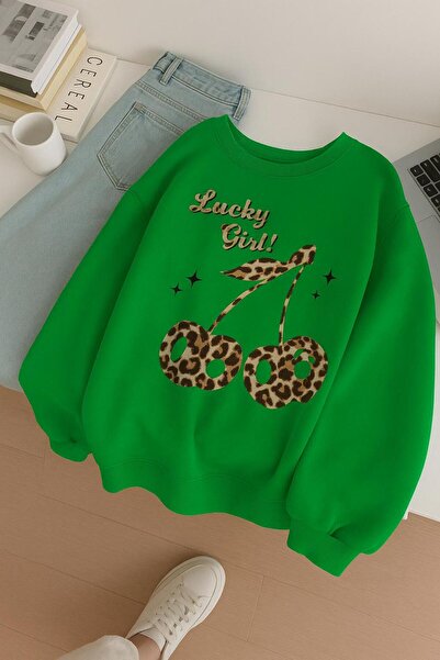 DM DOLCE MORE Hanorac unisex cu imprimeu LUCKY GIRL din bumbac pieptănat cu 3...