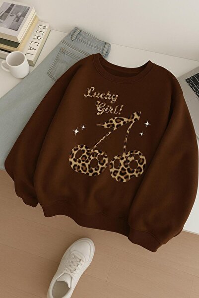 BENROMA Hanorac unisex cu imprimeu LUCKY GIRL din bumbac pieptănat cu 3 fire