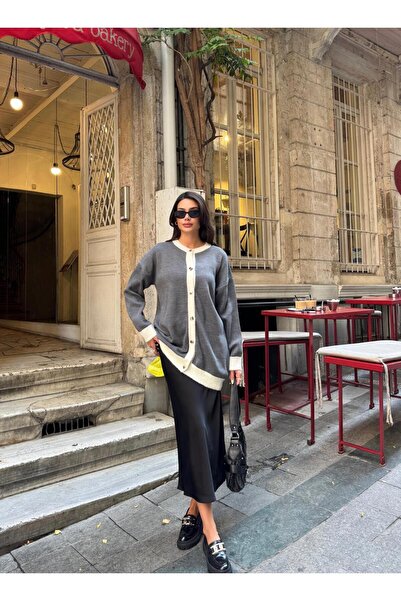 Lamierra Double Color Detailed Oversized Women's Knitwear Cardigan