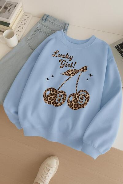 BENROMA Hanorac unisex cu imprimeu LUCKY GIRL din bumbac pieptănat cu 3 fire