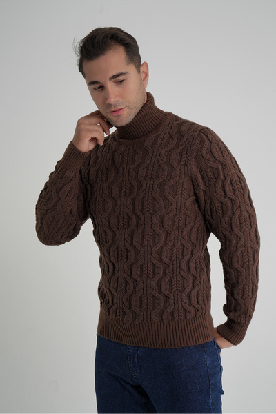 Trist Star Men's Brown Fisherman Hair Braided Wool Sweater Trist-5354