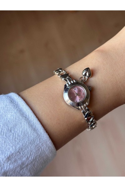 Vola Collection Thin Heart Cord Vintage Steel Silver Minimal Pink Case Women's Wristwatch with Charms -57