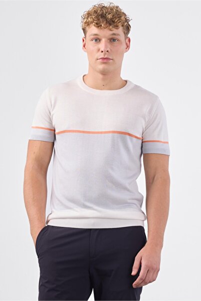 Dufy Ekru Bisiklet Yaka Çift Renk Slim Fit Triko Tshirt