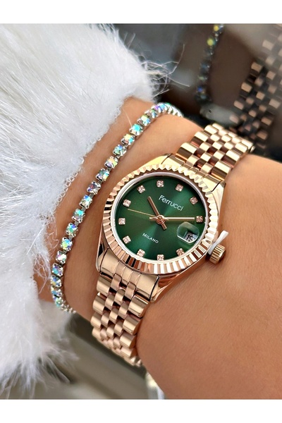 Ferrucci YEŞİL KADRAN TAŞ RAKAMLI ROSE KADIN METAL KOL SAATİ