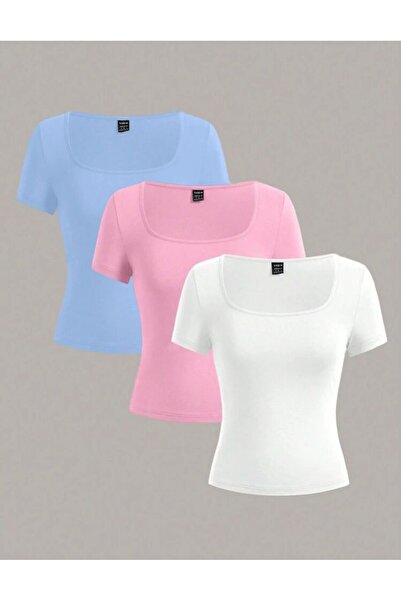 MİLYA&GYM Kadın 3'lü paket fitilli kaşkorse vücudu saran KARE YAKA CROP T-SHİRT