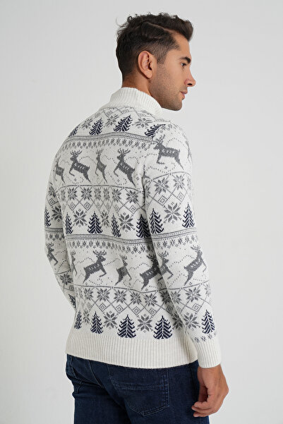 Trist Star Trist Star Men's Bone Short Zip-Up Standing Collar Jacquard Deer Wool Christmas Sweater Trist-5362