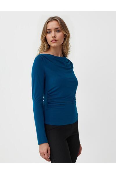 Jimmy Key Dark Petrol Slim Fit Long Sleeve Degaje Collar Knitted Blouse