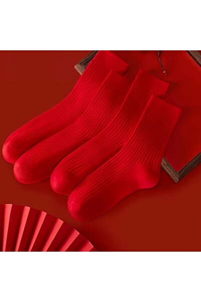 çorapmanya 4 Çift Unisex Kırmızı Çizgisiz / Derbyli Kolej Tenis Çorap