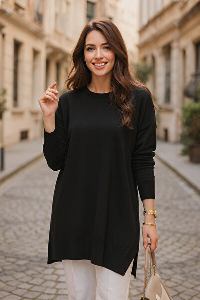 N.S NEVA STYLE Μαύρο Μαντίλι Πλεκτό Πουλόβερ Τούνικ 17203S2