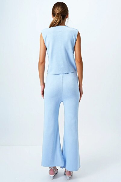 VAGGON Women's Baby Blue Gold Button Detailed Blouse and Elastic Waist Palazzo Pants Knitwear Set Vs00844