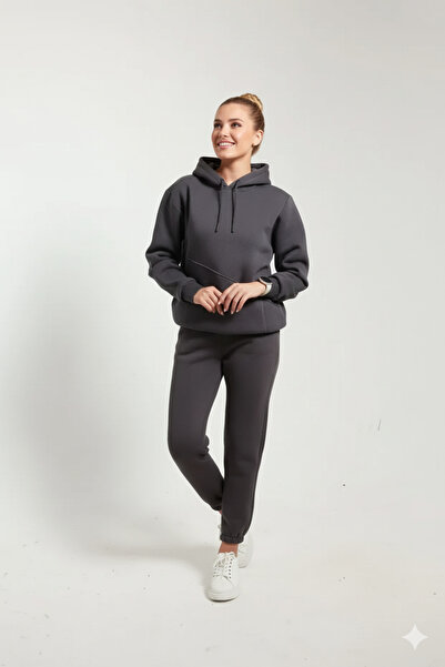 OXVİN Kadın Üç Iplik Kesik Cep Kapüşonlu Içi Pamuklu Yumuşacık Oversize Eşofman Takımı