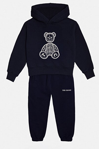 The Champ Clothing Children's Tracksuit Set Bandana Teddy Bear Printed Navy Blue – Hooded Top, Oversize, 3 Thread Fleece