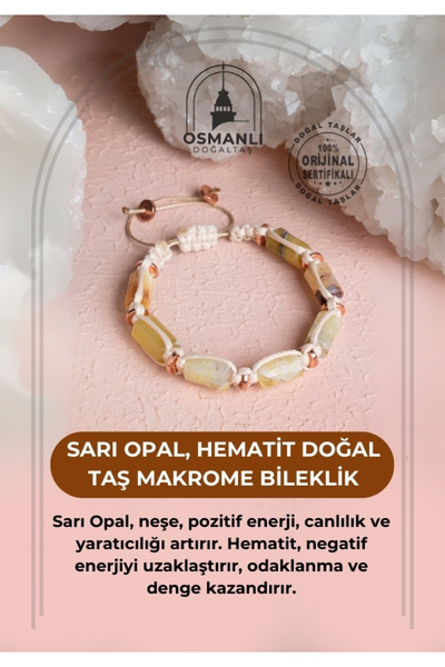 OSMANLI DOĞAL TAŞ سوار مكرامية من حجر الأوبال الأصفر الطبيعي والهيماتيت معتمد