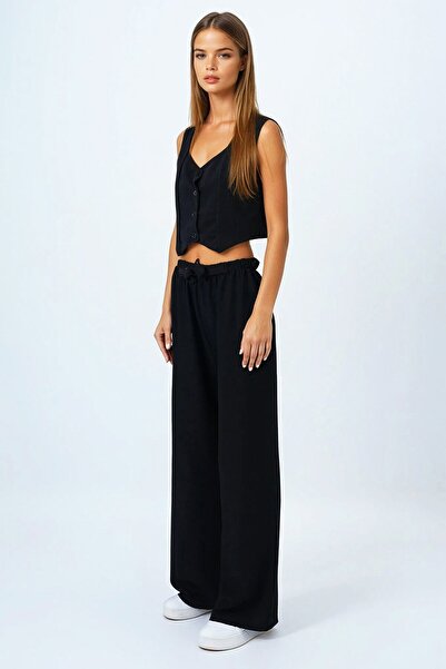 VAGGON Women's Black Lace-Up Elastic Waist Palazzo Pants Vs00837