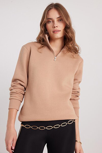 Tudors Γυναικείο φούτερ με χαλαρή εφαρμογή, άνετο κομμένο βαμβακερό φλις εσωτερικά, με μισό φερμουάρ, σε χρώμα πέτρας, όρθιο γιακά