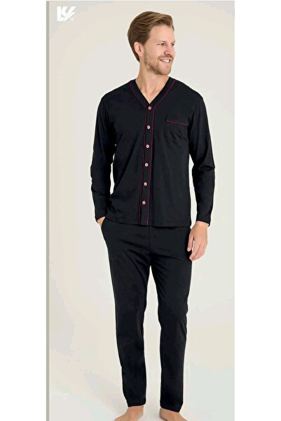 KLY طقم بيجامة رجالي بأكمام طويلة وياقة على شكل حرف V وأزرار على كامل الجسم