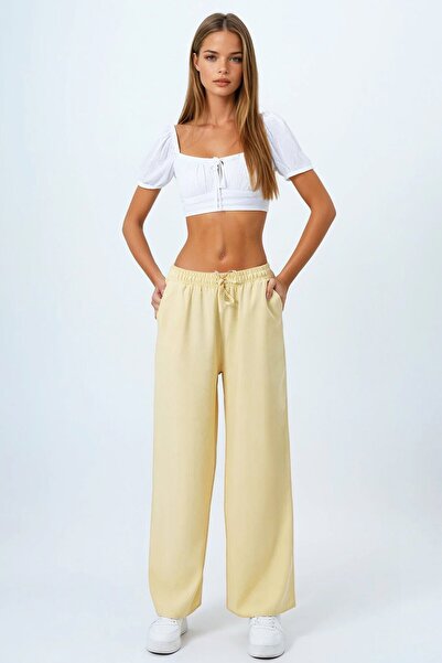 VAGGON Women's Butter Yellow Double Pocket Elastic Waist Palazzo Pants Vs00838