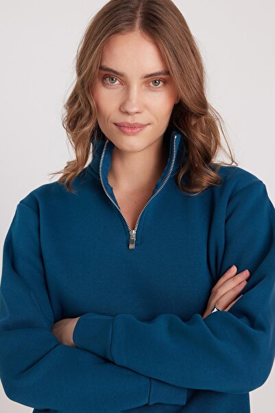 Tudors Kadın Relax Fit Rahat Kesim Pamuklu İçi Polarlı Yarım Fermuarlı İndigo Dik Yaka Sweatshirt
