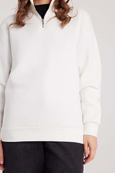 Tudors Γυναικείο φούτερ με μισό φερμουάρ, άνετο κομμένο από βαμβακερό φλις, λευκό γιακά με όρθιο γιακά