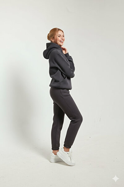 OXVİN Kadın Üç Iplik Kesik Cep Kapüşonlu Içi Pamuklu Yumuşacık Oversize Eşofman Takımı