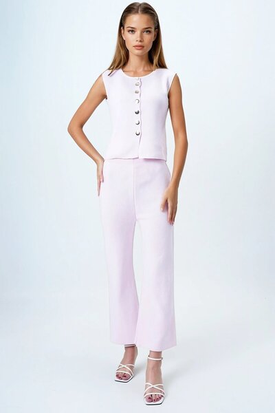 VAGGON Gold Button Detailed Blouse and Elastic Waist Palazzo Pants Knitwear Set