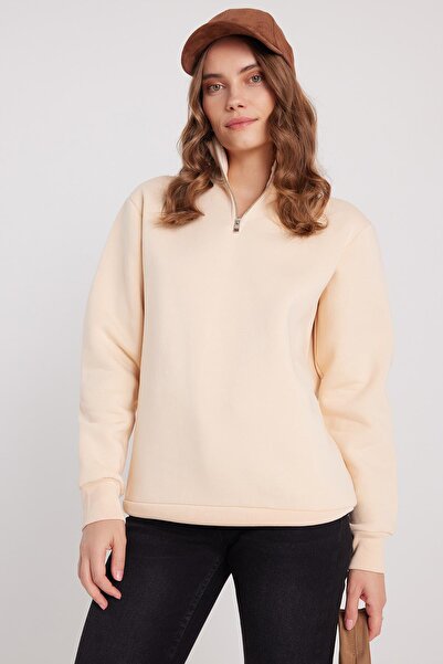 Tudors Γυναικείο φούτερ με ψηλό γιακά με μισό φερμουάρ, άνετο βαμβακερό εσωτερικό φλις, χρώμα εκρού