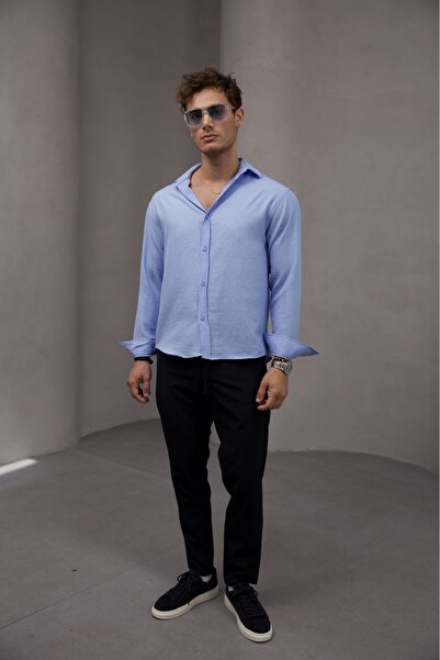 Bürke Yazlık Keten Dokulu Mavi Renk Yarım Oversize Gömlek