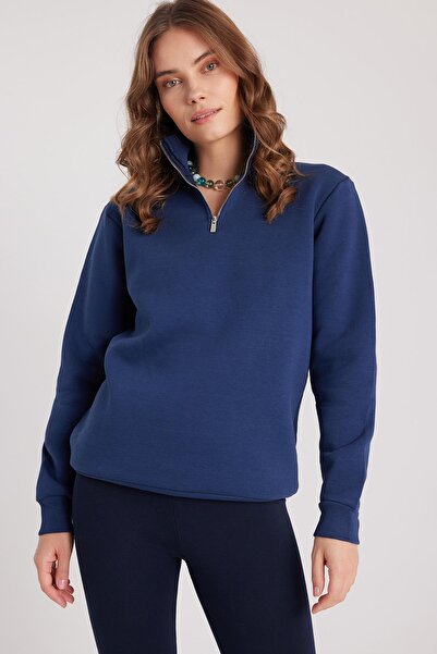 Tudors Γυναικείο φούτερ με ψηλό γιακά με μισό φερμουάρ, άνετο βαμβακερό εσωτερικό φλις, χαλαρή εφαρμογή, σκούρο μπλε