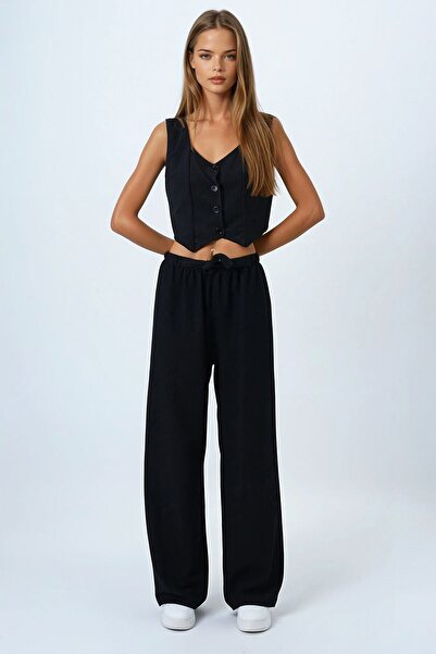 VAGGON Women's Black Lace-Up Elastic Waist Palazzo Pants Vs00837