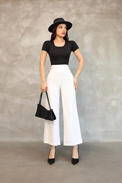 Stil Sepeti Women's White Premium High Waist Wide Leg Pants Drl-10001153