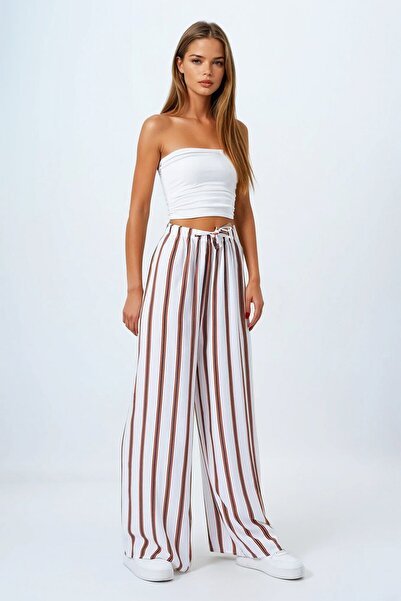 VAGGON Women's White Elastic Waist Lace-Up Striped Palazzo Pants Vs00840
