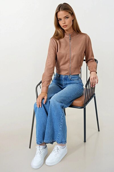 VAGGON Women's Tan Zippered Judge Collar Suede Textured Short Jacket Vs00855