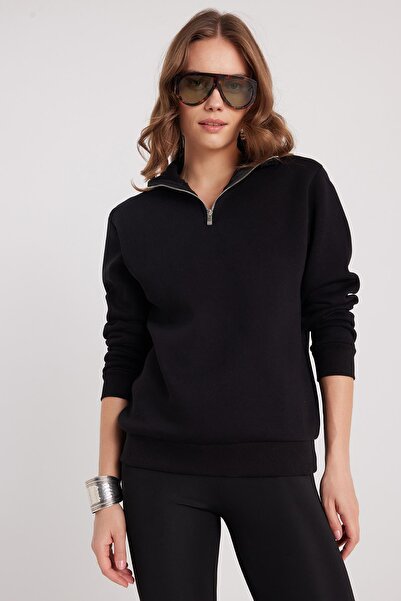 Tudors Kadın Relax Fit Rahat Kesim Pamuklu İçi Polarlı Yarım Fermuarlı Siyah Dik Yaka Sweatshirt