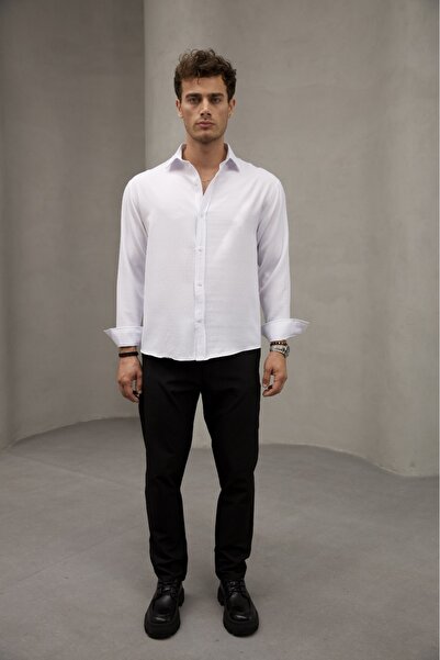 Bürke Καλοκαιρινό λινό πουκάμισο με υφή σε λευκό χρώμα, μισό oversize