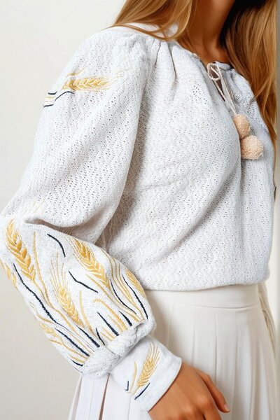 VAGGON Γυναικεία μπλούζα Bohemian με κεντημένη φούντα με κορδόνια σε μπεζ χρώμα Vs00861