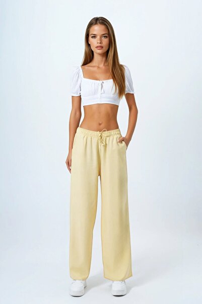 VAGGON Women's Butter Yellow Double Pocket Elastic Waist Palazzo Pants Vs00838