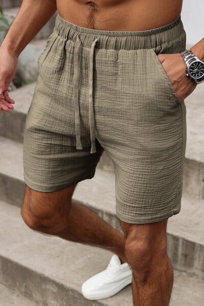 GHASSY CO. Ghassy Co. Erkek %100 Pamuk Muslin Keten Rahat Günlük Cepli Bağcıklı Tatil Şort