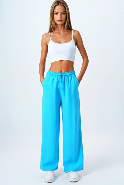 VAGGON Women's Blue Double Pocket Elastic Waist Palazzo Pants Vs00838