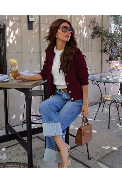 citystyle Kadın Saç Örgü Düğmeli Günlük Uzun Kollu Triko Hırka Bordo