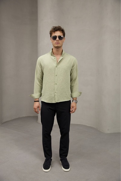 Bürke Summer Linen Textured Pistachio Green Color Half Oversize Shirt