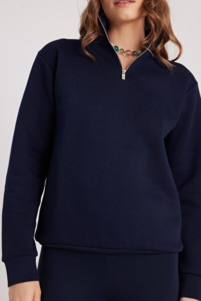 Tudors Γυναικείο φούτερ με ψηλό γιακά με μισό φερμουάρ, άνετο βαμβακερό εσωτερικό φλις, χαλαρή εφαρμογή, σκούρο μπλε